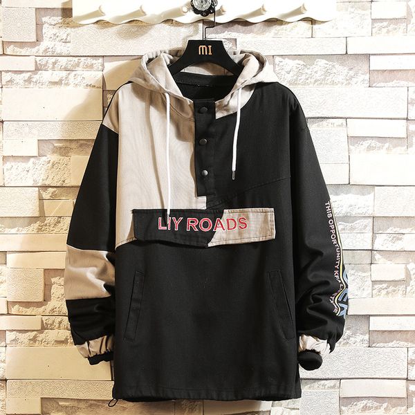 

bqodqo hip hop patchwork hoodies streetwear for men letter pullover mens sweatshirt male japanese skateboard one piece hoodies, Black