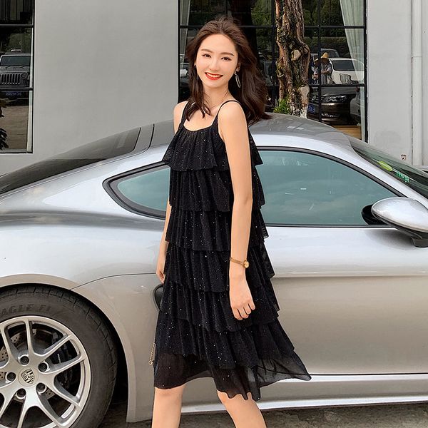 

new style online celebrity celebrity style camisole liangsi slimming elegant cake dress, Black;gray