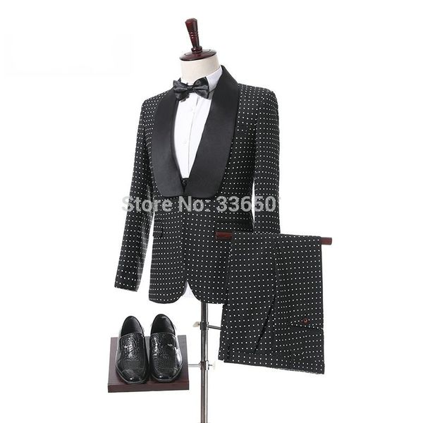 Custom Made Nero White Point Smoking dello sposo Groomsmen Mens Abito da sposa Popolare uomo Giacca Blazer 3 pezzi Suit (Jacket + Pants + Vest + Tie) 1020