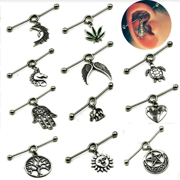 

bog-1pcs 316l surgical steel charming new design ear industrial barbell with tribal wiccan pagan style piercing jewelry, Slivery;golden