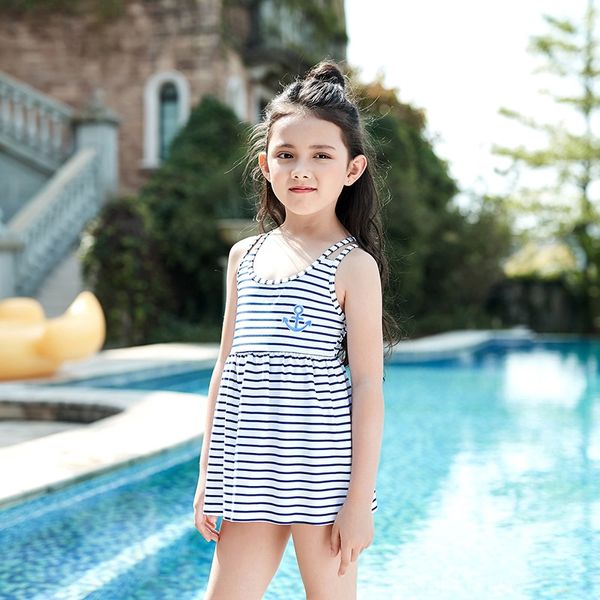 

striped navy wind children's anchor one-piece girl striped navy wind children's swimsuit anchor one-piece girl swimsuit, White;black