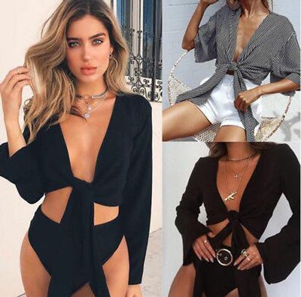 

2018 новинка горячая сексуальная женская летняя галстук укороченный топ дамы расклешенные рукава с глубоким вырезом, White