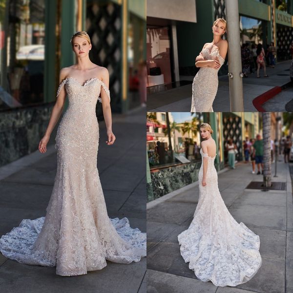 

2020 mermaid wedding dresses off shoulder lace appliques beads sequins bridal gowns custom made backless sweep train robe de mariee, White