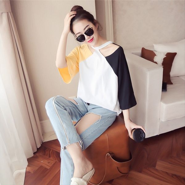 

mind t-shirt shoulder strap machine student version shoulder loose neck straps all-match middle sleeve t-shirt female summer, White