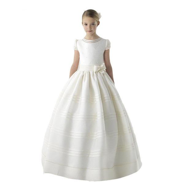 

2020 new white ivory satin arrival flower girl dress first communion dresses for girls short sleeve belt with flowers customized, White;blue