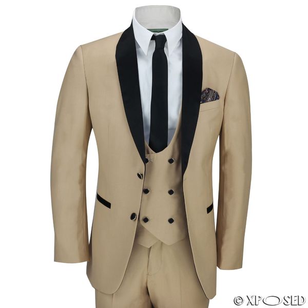 

beige groom tuxedos black shawl lapel men wedding tuxedos popular men business dinner prom blazer 3 piece suit(jacket+pants+tie+vest) 1050, Black;gray