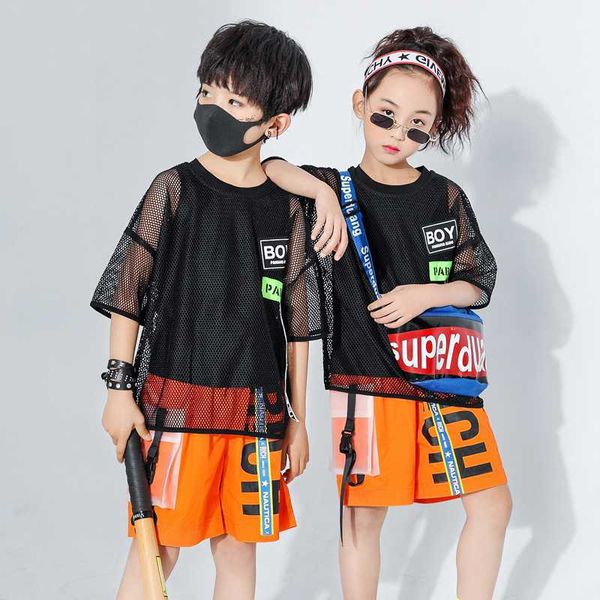 

kids loose jazz dancing costumes girls boys ballroom hip hop dance clothes t shirt pants children jazz dance outfits dqs401, Black;red