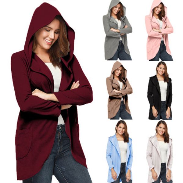 

2018 women new loose open stitch hooded jacket solid color lapel ladies coat fashion autumn and winter casual jackets, Black;brown