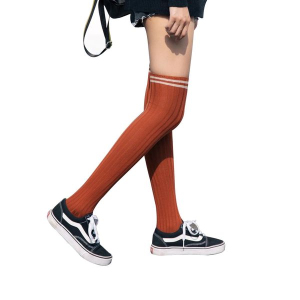 

1 pair women girls over knee striped cotton socks stocking two tube long thigh high tights soft casual socks (orange, Black