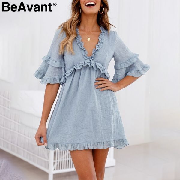 

beavant elegant ruffle v neck summer dresses women loose sleeve short mini dress casual back hole high waist ladies dresses, Black;gray