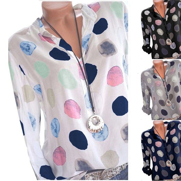 

plus size women blouses size womens plus and blouses dot printed ladies office summer v neck loose blouse blusas, White