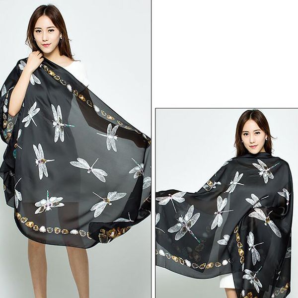 

2019 ladies scarf black white women's scarfs shawl new fashion dragonfly printed scarf women scarves casual imitated silk fabric