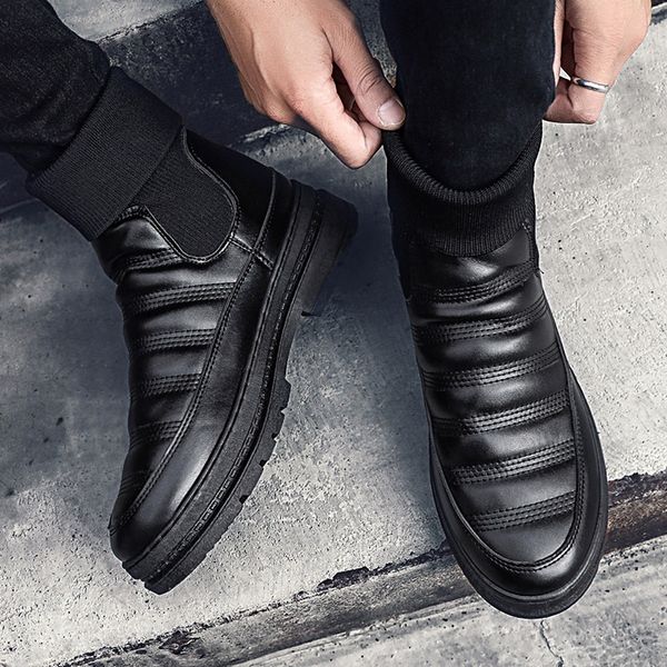 

winter leather boots menwinter boots men warm snow fur leather genuine ankle shoesmens winter footwear, Black