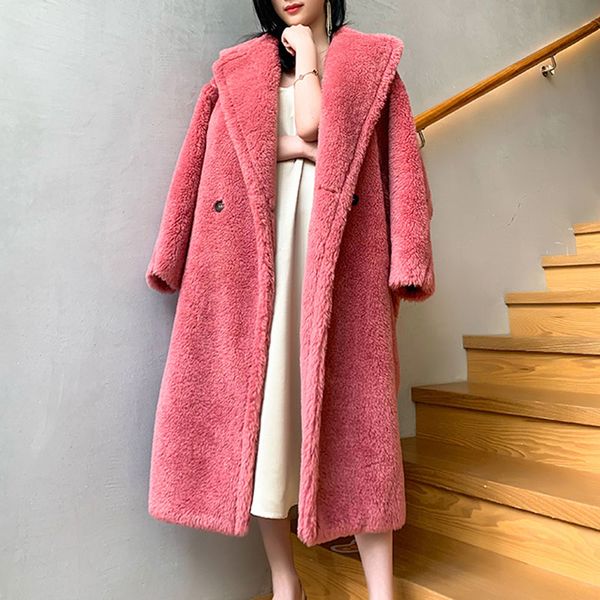 

sheep shearing coat teddy bear winter women's parka real fur 100% wool thick warm clothes female long style 2019 new fashion, Black