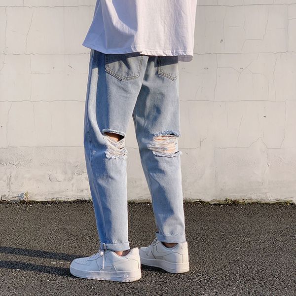 

men's jeans 2021 spring and summer youth loose solid color hole nine points fashion casual wild harem pants, Blue