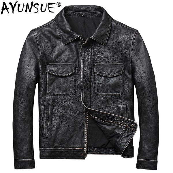 

ayunsue men's leather jacket genuine cow leather locomotive cowhide jackets vintage motorcycle erkek deri mont kj1454, Black