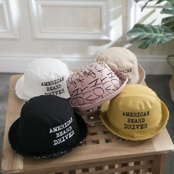 

дети лето ведро шляпа двухсторонние солнцезащитные колпачки для мальчиков девочек письмо печати рыбак шляпа ребенок открытый панама пляж сол, Yellow