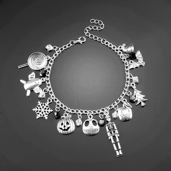 

dongsheng the nightmare before christmas charm bracelet halloween jack skellington sally snowflakes skull pumpkin bracelet -25, Black