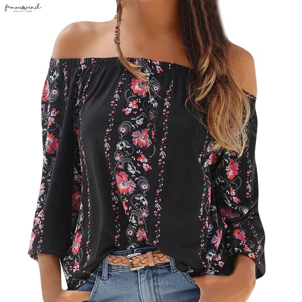

fashion summer blouse women long sleeve floral print off shoulder slash-neck shirt blouse koszula damska, White