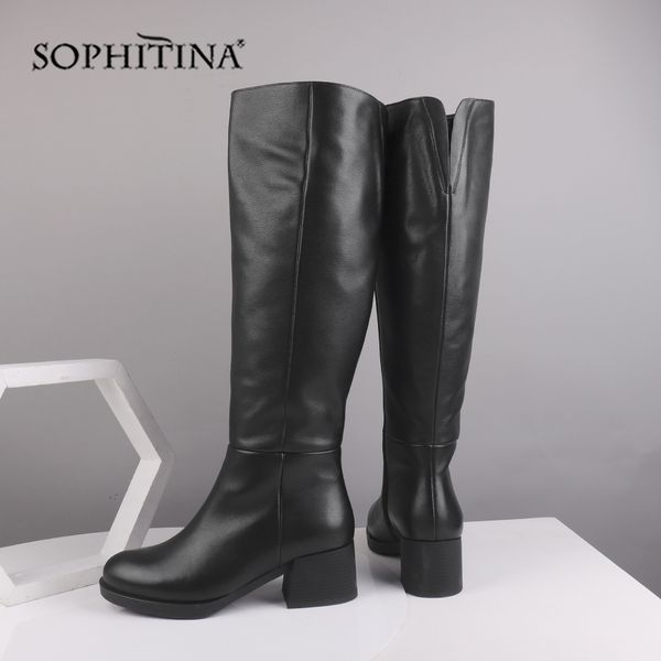 

sophitina quality cow leather boots soild knee high round toe zipper square high heel women shoes fashion daily warm boots sc524 t200425, Black