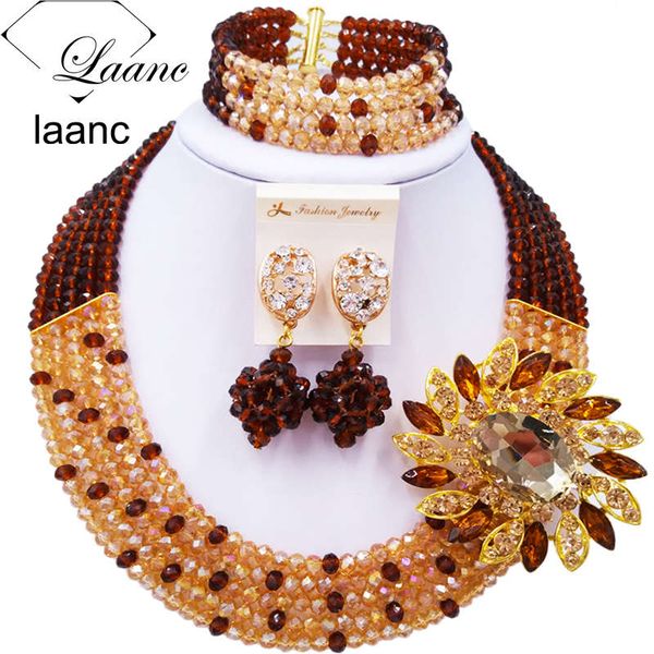 

beautiful brown gold ab crystal beaded necklaces costume nigerian wedding african beads jewelry set for women 5szk013, Slivery;golden