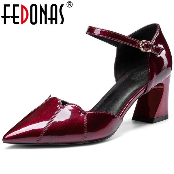 

fedonas spring summer cow patent leather slip on women pumps night club point toe thick heeled new shoes woman, Black