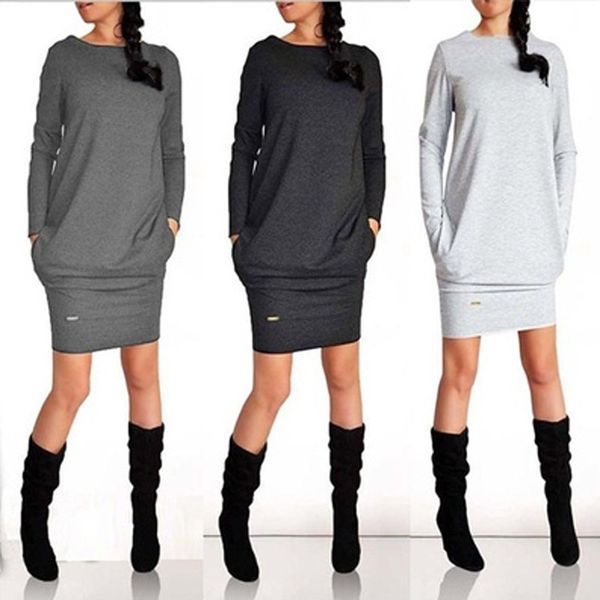 

women casual dress 2019 spring autumn solid long sleeve dress slim bodycon mini plus size vestidos female clothing, Black;gray