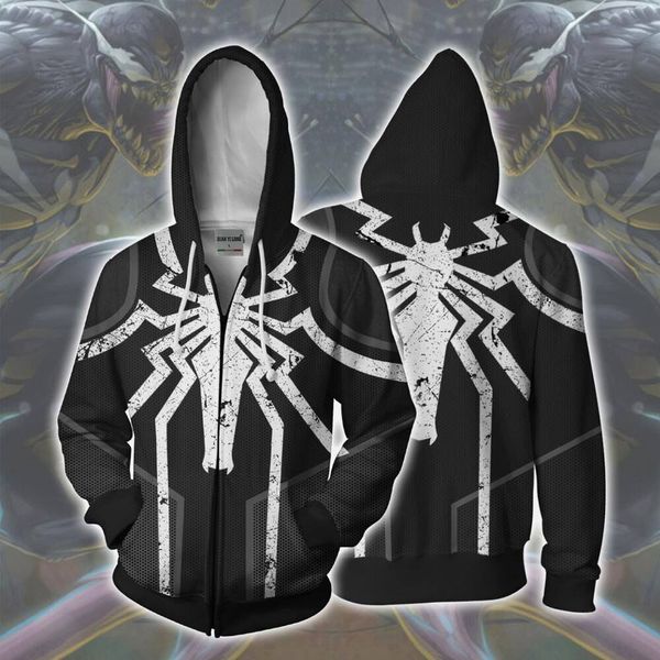 

2019 new men hooded agent venom 3d printed hoodies zipper hoodie hooded hip hop agent venom zip up hoodie v2, Black