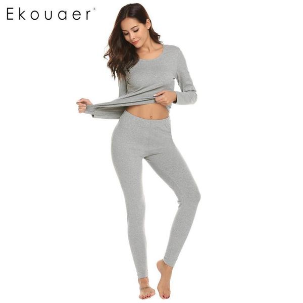 

ekouaer pajamas women thermal underwear set o neck long sleeve solid shits long pants elastic waist nightwear pajama sets, Blue;gray