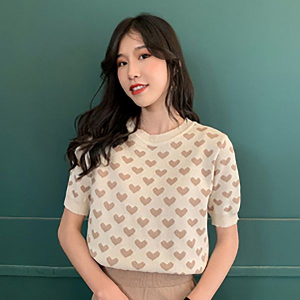 

2020 women o-neck short sleeve color block fashion t-shirt heart pattern loose ice silk knitted, White