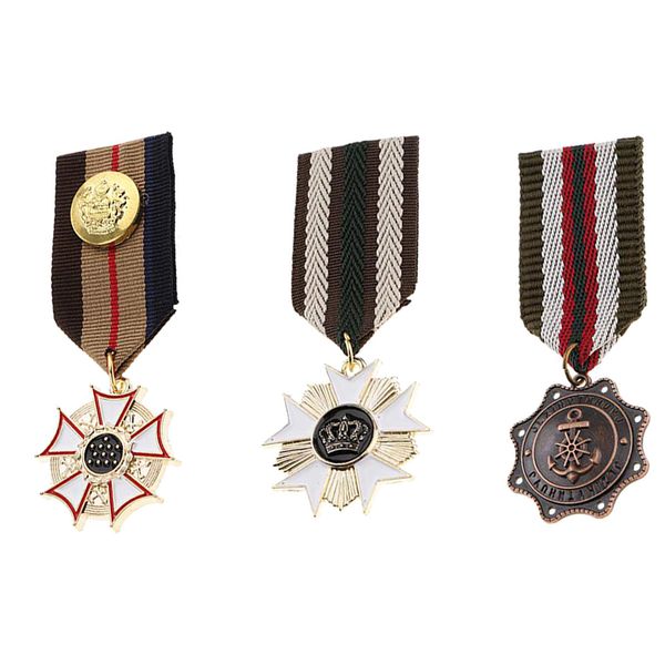 

3 pack award medal with ribbon, uniform pin brooch badge navy style for men boys kids cosplay, Gray