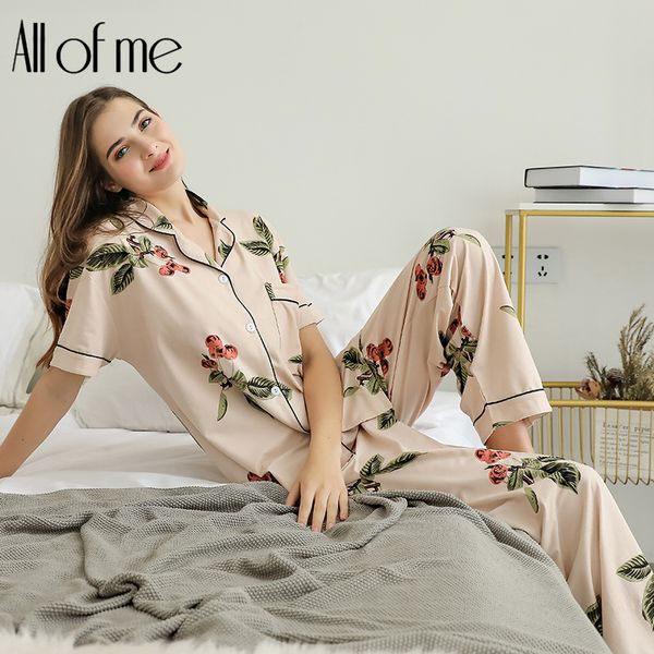 

flower printing short sleeve trousers pajama set fashion summer turn-down collar cotton sleepwear pajama for women, Blue;gray