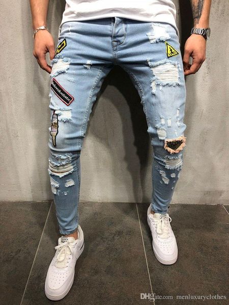 

mens ripped slim fit jeans emblem embroidered designer denim blue pencil jean pants hiphop street trousers