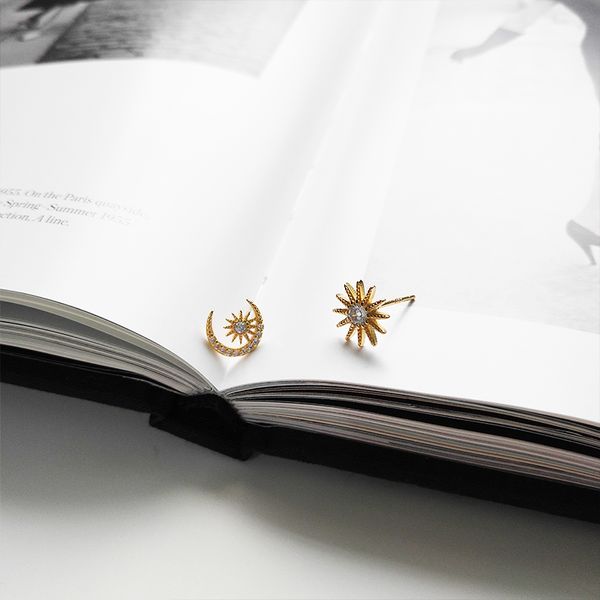 

100% 925 silver sun moon gold stud earrings irregular for women fashion jewelry for banquet wedding anniversary engagement, Golden;silver
