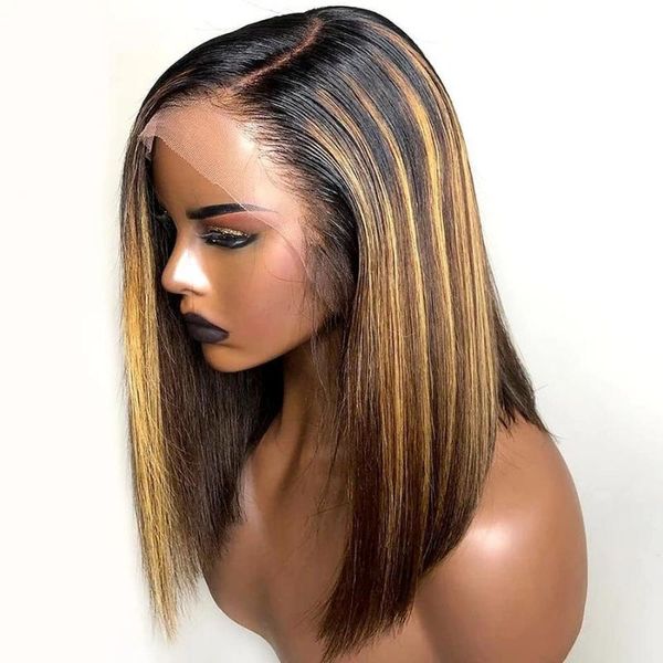 

13x6 highlight wig 180% 4/27 ombre brown short bob wigs brazilian remy hair honey blonde lace front wig colored human hair wigs, Black;brown