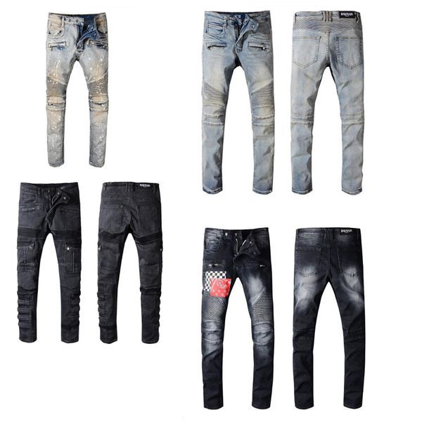 

классический balmain высокого качества брюки light белый приталенный hole джинсы мужские дыры попрошайничество стиль vintage fashion jeans, Blue