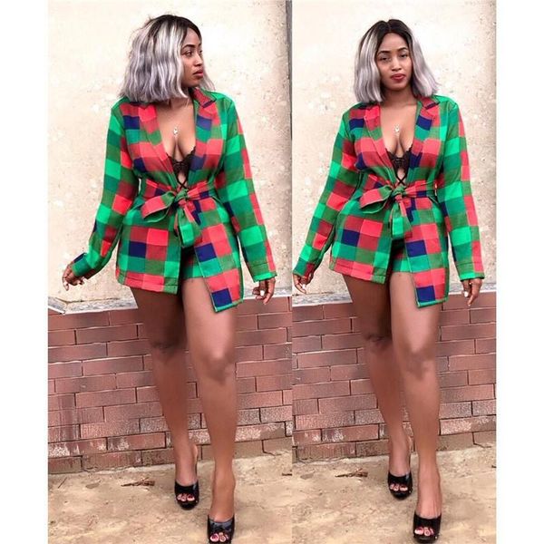 

autumn fashion womens plaid sets designer v neck sashes plaid printed two piece sets womens clothing, Gray