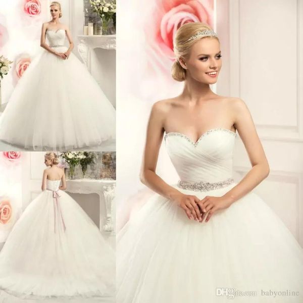 

2019 sweetheart beaded crystals with belt long puffy bridal wedding gowns, White