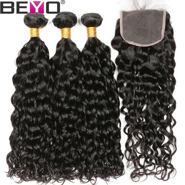 

beyo water wave bundles with closure brazilian hair weave bundles human hair bundles with 4x4 lace closure remy hair extension natural color, Black;brown