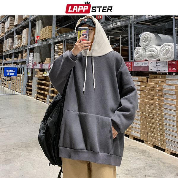 

lappster men oversize streetwear color block hoodies 2019 mens hip hop patchwork hooded sweatshirts korean harajuku hoodies, Black
