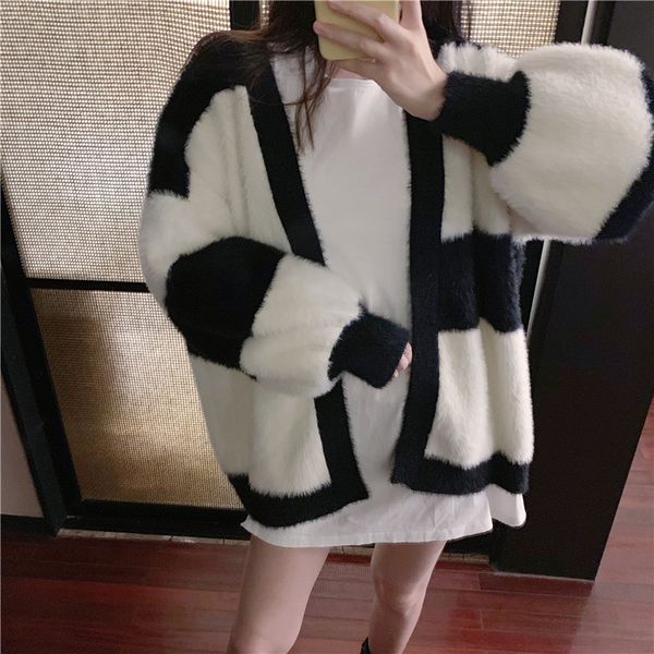 

women's knits & tees 2021 korean knitted cardigan stripe hit color splice sweater women leisure loose fashion long sleeve thicken plus, White