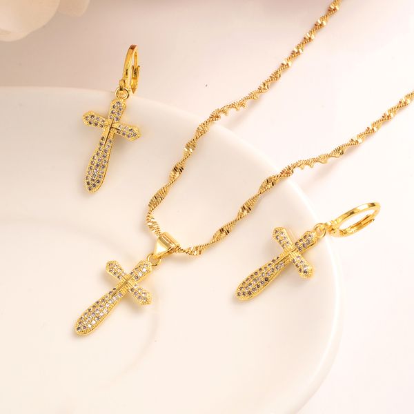 

divine jewelry sets fine yellow thai baht solid gold gf crystal cross white inlay cz pendant necklace for women chain, Silver