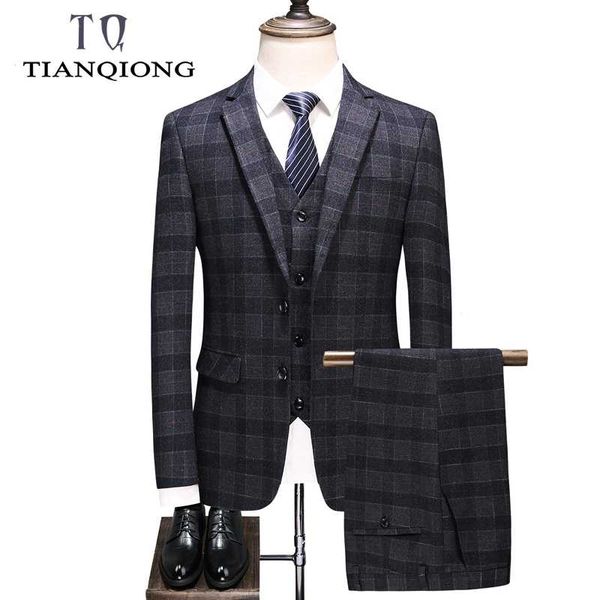 

tian qiong brand 3 pieces men wool plaid slim fit groom wedding suit man mens dress suits business formal wear, White;black