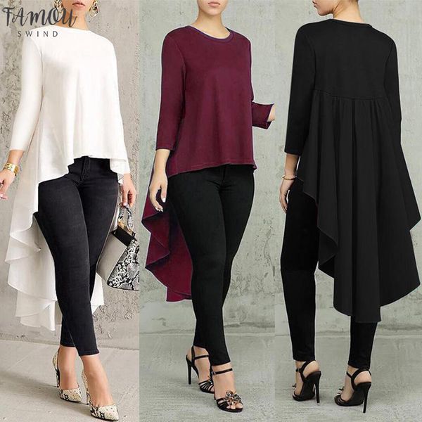 

plus size irregular womens swallowtail blouse spring 2020 fashion pleated long sleeve shirt casual blusas femininas, White