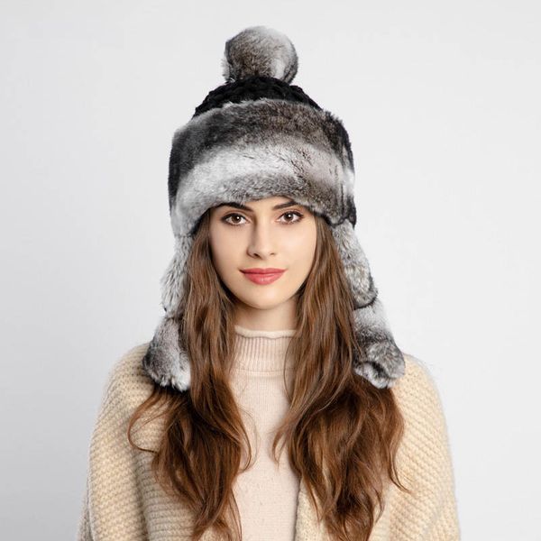 

luxury hat faux fur warm winter cap creative rabbit hair earmuffs plus velvet cap lei feng hat fashion designer princess hat, Blue;gray