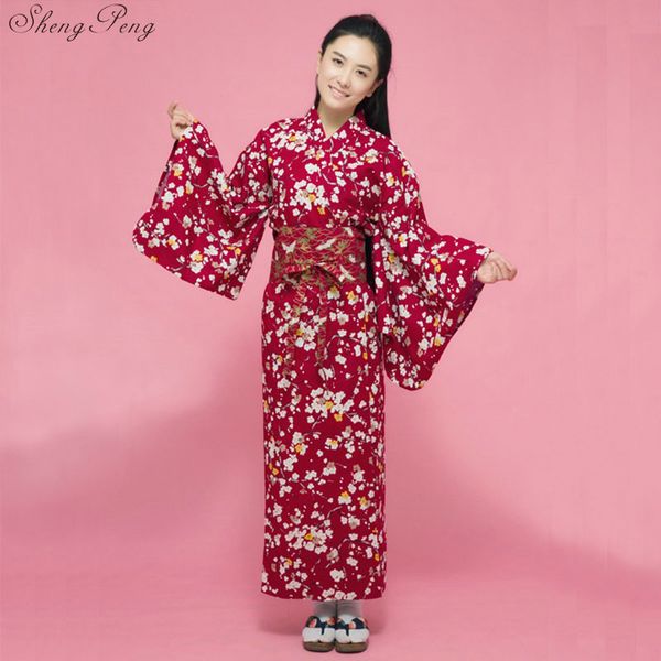 

fashion national trends women kimono yukata with obi novelty evening dress japanese cosplay costume floral v1465, Red