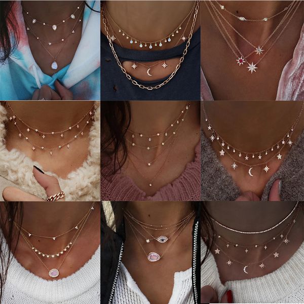 

старинные геометрические кристалл мода многослойные ожерелья для женщин boho многоэлементный камень кулон длинное ожерелье подарок ювелирные, Silver