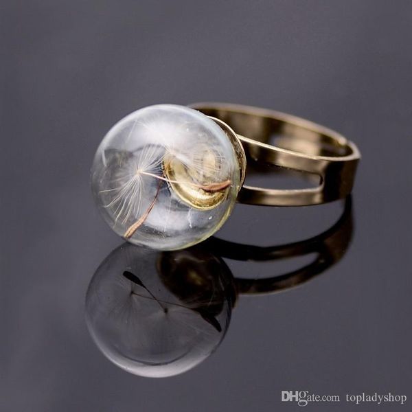 

retro solitaire ring creative dandelion glass ball ring wholesale, Golden;silver