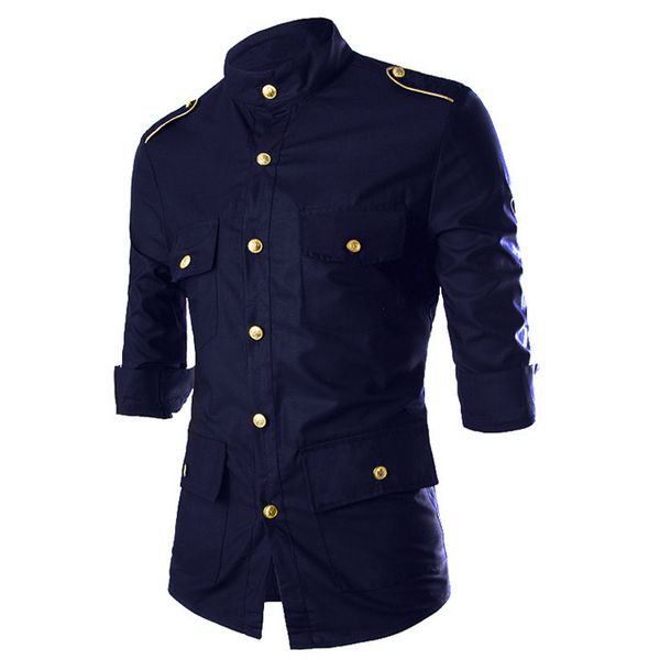 

men shirt 2019 fashion korean wild long sleeve casual shirts men epaulet buttons decorate uniform slim fit men's clothing black, White;black