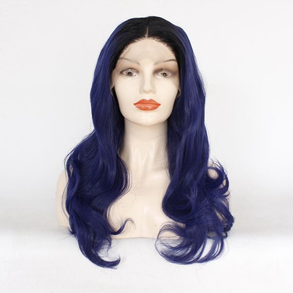 

blue ombre lace front wig glueless long wavy dark blue synthetic wig with dark root middle parting ombre lace heat resistant, Black